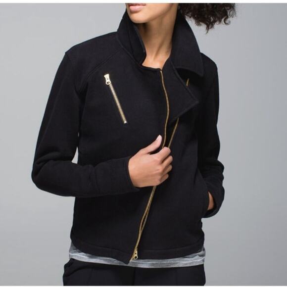 Lululemon Lab Shadow Jacket Black Gold Zipper Asymmetrical Moto Fleece MEDIUM - Picture 1 of 5